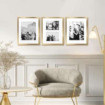 ArtbyHannah 11 x 14 Inch 3 Pack Gold Picture Frame Collage Set for Wall Art Decor- Made to Display Pictures 8x11 and 5x7 with Mat for Gallery Wall Kit or Home Decoration