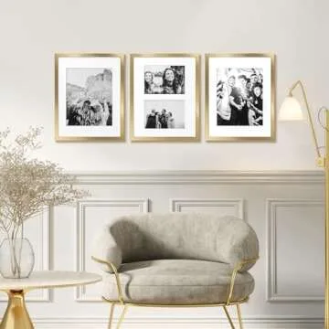 ArtbyHannah 11 x 14 Inch 3 Pack Gold Picture Frame Collage Set for Wall Art Decor- Made to Display Pictures 8x11 and 5x7 with Mat for Gallery Wall Kit or Home Decoration