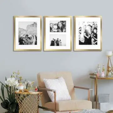 ArtbyHannah 11 x 14 Inch 3 Pack Gold Picture Frame Collage Set for Wall Art Decor- Made to Display Pictures 8x11 and 5x7 with Mat for Gallery Wall Kit or Home Decoration