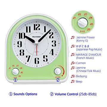 Peakeep Analog Alarm Clock Non-Ticking Silent, Optional 7 Wake-up Sounds with Volume Control, Nightl...