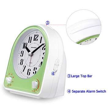 Peakeep Analog Alarm Clock Non-Ticking Silent, Optional 7 Wake-up Sounds with Volume Control, Nightlight and Snooze, AA Battery Operated (Green)