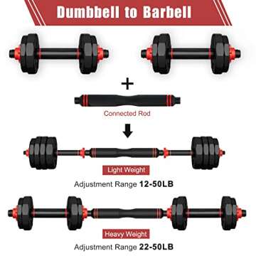 PINROYAL 4 in 1 Adjustable Dumbbell Set, 50LB Free Weights Dumbbells Set with Connecting Rod Used as Barbell, Non-Slip Handles & Base for Kettlebells, Push up, Weight Set for Home Gym for Men Women