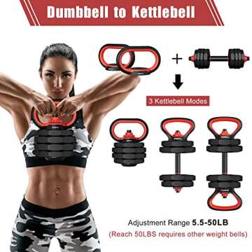 PINROYAL 4 in 1 Adjustable Dumbbell Set, 50LB Free Weights Dumbbells Set with Connecting Rod Used as Barbell, Non-Slip Handles & Base for Kettlebells, Push up, Weight Set for Home Gym for Men Women