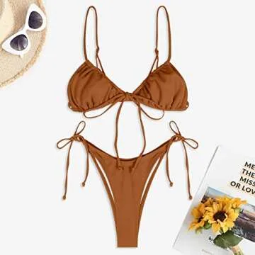 ZAFUL Ribbed Halter Straps Tanga Cheeky Bikini Swimwear