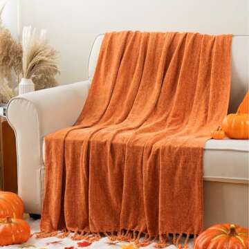 BATTILO HOME Burnt Orange Throw Blanket for Couch, Decorative Fringe Velvety Orange Throw Blanket fo...