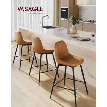 VASAGLE Bar Stools Set of 2, Counter Height Bar Stools with Back, Ergonomic Backrest, Synthetic Leather, Metal Legs, 24.4-Inch Tall Stools for Kitchen Island Home Bar, Caramel Brown ULBC088K01