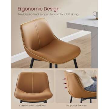 VASAGLE Bar Stools Set of 2, Counter Height Bar Stools with Back, Ergonomic Backrest, Synthetic Leather, Metal Legs, 24.4-Inch Tall Stools for Kitchen Island Home Bar, Caramel Brown ULBC088K01