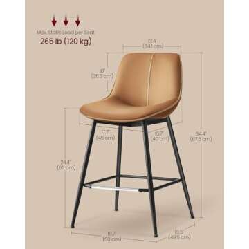 VASAGLE Bar Stools Set of 2, Counter Height Bar Stools with Back, Ergonomic Backrest, Synthetic Leather, Metal Legs, 24.4-Inch Tall Stools for Kitchen Island Home Bar, Caramel Brown ULBC088K01