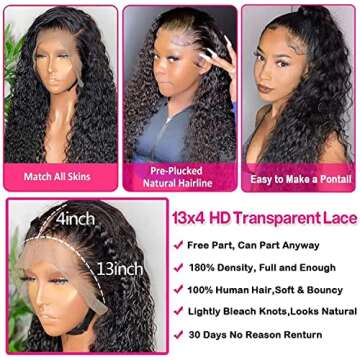 Laritaiya Deep Wave Lace Front Wigs Human Hair for Black Women 13x4 Curly Lace Frontal Wigs Wet and Wavy HD Transparent Lace Front Wigs Human Hair Pre Plucked with Baby Hair 180% Density 20inch