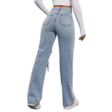 SweatyRocks Women's High Waist Slant Pocket Denim Jeans Ripped Straight Leg Pants Blue Pale S
