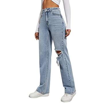 SweatyRocks Women's High Waist Slant Pocket Denim Jeans Ripped Straight Leg Pants Blue Pale S