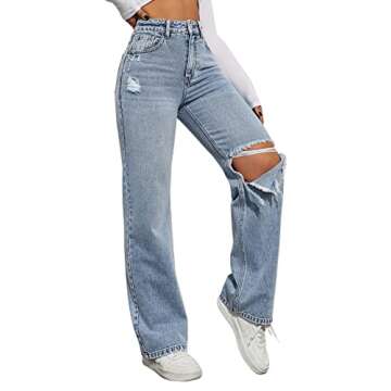 SweatyRocks Women's High Waist Slant Pocket Denim Jeans Ripped Straight Leg Pants Blue Pale S
