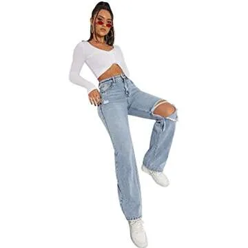 SweatyRocks Women's High Waist Slant Pocket Denim Jeans Ripped Straight Leg Pants Blue Pale S