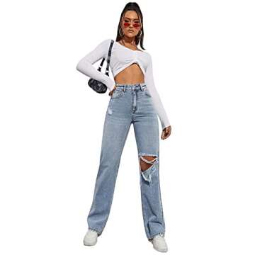 SweatyRocks Women's High Waist Slant Pocket Denim Jeans Ripped Straight Leg Pants Blue Pale S
