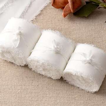 JEDIA White Ribbon, 3 Rolls Ivory Flower Chiffon Ribbon, 1.5" x 7Yd Wedding Ribbon for Gift Wrapping, Wedding Decor, Wedding Invitations, Bouquet Wrap, Bridal Bouquets, DIY Crafts