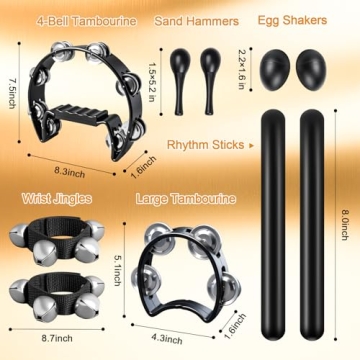 10 Pcs Tambourines for Adults - Half Moon Tambourine, Wood Rhythm Sticks, Bells Tambourine, Wrist Be...