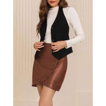 Belle Poque Women Faux Leather Skirt High Waisted Button Decro Wrap Mini Short Pencil Bodycon Skirts...