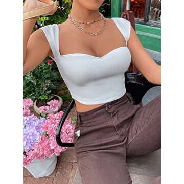 MISSACTIVER Womens Sexy Sweetheart Neck Short Sleeve Crop Top Basic Ribbed Knit Skinny Workout Cropped Tee Shirt Tank Vest White