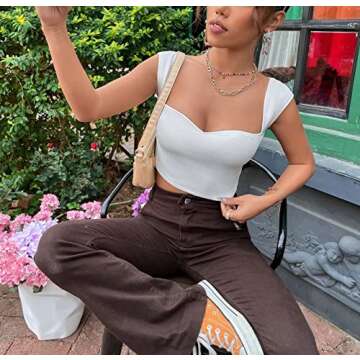 MISSACTIVER Womens Sexy Sweetheart Neck Short Sleeve Crop Top Basic Ribbed Knit Skinny Workout Cropped Tee Shirt Tank Vest White