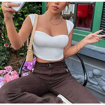 MISSACTIVER Womens Sexy Sweetheart Neck Short Sleeve Crop Top Basic Ribbed Knit Skinny Workout Cropped Tee Shirt Tank Vest White