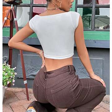 MISSACTIVER Womens Sexy Sweetheart Neck Short Sleeve Crop Top Basic Ribbed Knit Skinny Workout Cropped Tee Shirt Tank Vest White