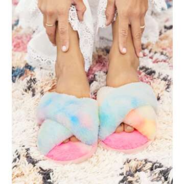 Ankis Women Rainbow Fuzzy Fluffy Slippers Soft Cozy Plush Fuzzy Slippers Faux Rabbit Fur Memory Foam...