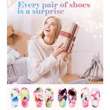 Ankis Women Rainbow Fuzzy Fluffy Slippers Soft Cozy Plush Fuzzy Slippers Faux Rabbit Fur Memory Foam Furry Open Toe Breathable Fuzzy Slippers Warm Comfy Slippers