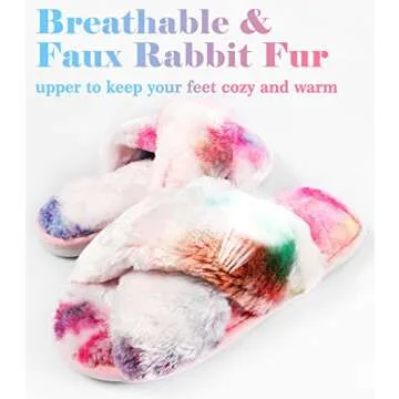 Ankis Women Rainbow Fuzzy Fluffy Slippers Soft Cozy Plush Fuzzy Slippers Faux Rabbit Fur Memory Foam Furry Open Toe Breathable Fuzzy Slippers Warm Comfy Slippers