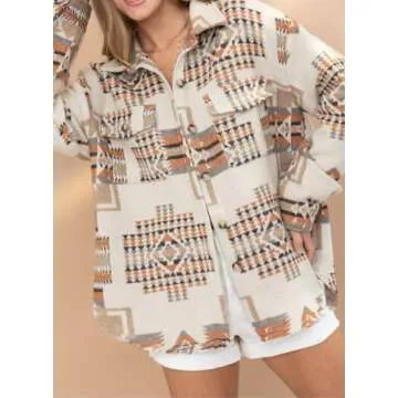 Joiemont Women Aztec Print Shirt Jacket Shacket Long Sleeve Loose Vintage Boho Wool Blend Coat Button Down Shirt Tops(0147-Khaki-XL)