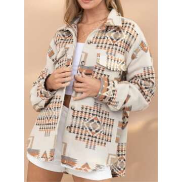 Joiemont Women Aztec Print Shirt Jacket Shacket Long Sleeve Loose Vintage Boho Wool Blend Coat Button Down Shirt Tops(0147-Khaki-XL)