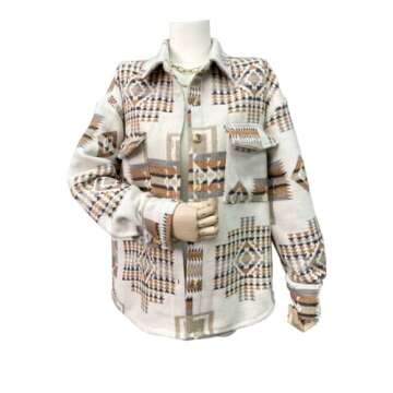 Joiemont Women Aztec Print Shirt Jacket Shacket Long Sleeve Loose Vintage Boho Wool Blend Coat Button Down Shirt Tops(0147-Khaki-XL)