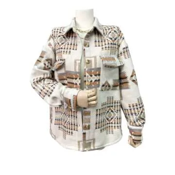 Joiemont Women Aztec Print Shirt Jacket Shacket Long Sleeve Loose Vintage Boho Wool Blend Coat Button Down Shirt Tops(0147-Khaki-XL)