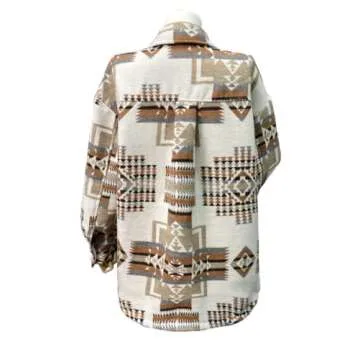 Joiemont Women Aztec Print Shirt Jacket Shacket Long Sleeve Loose Vintage Boho Wool Blend Coat Button Down Shirt Tops(0147-Khaki-XL)