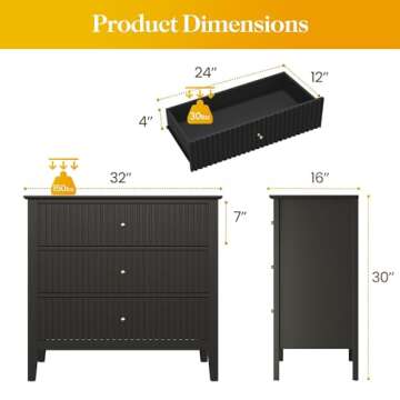 May in Color Large Black 3 Drawer Dresser, Painted 30 Inch Tall Wood Nightstand with Storage, Wide M...