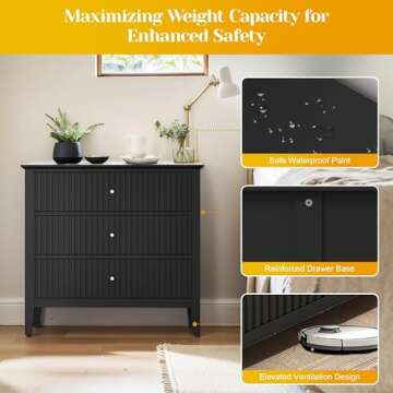 May in Color Large Black 3 Drawer Dresser, Painted 30 Inch Tall Wood Nightstand with Storage, Wide Modern Chest of Drawers with Ball Bearing Slide for Bedroom Hallway Living Room Entryway Office