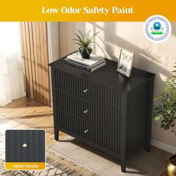 May in Color Large Black 3 Drawer Dresser, Painted 30 Inch Tall Wood Nightstand with Storage, Wide Modern Chest of Drawers with Ball Bearing Slide for Bedroom Hallway Living Room Entryway Office