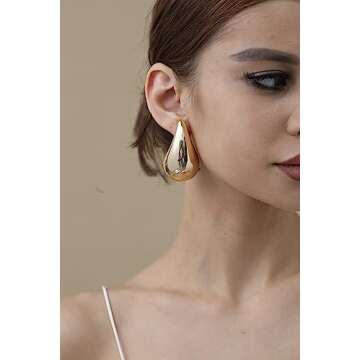 Earrings Dupes Extra Large Big Chunky Gold Hoop Earrings for Women, 14k Gold Lightweight Waterdrop Tear Drop Earrings Dupes Trendy Jewelry Gift Gold