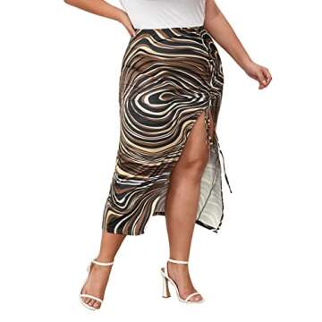 Floerns Women's Plus Size Leopard Drawstring Ruched Split Thigh Midi Skirt Chocolate Brown 2XL