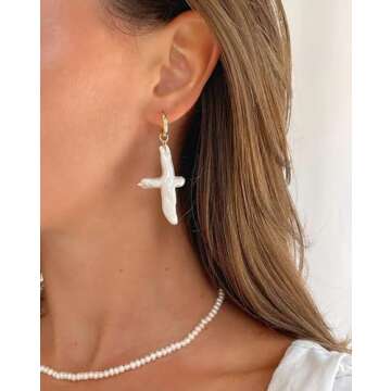 Iutymu Nature Pearl Cross Earrings Freshwater Cross Pearl earrings Baroque Pearl Dangle Earrings Chunky Cross Earrings Statement Earrings Religious Jewelry (Gold)
