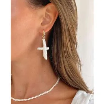 Iutymu Nature Pearl Cross Earrings Freshwater Cross Pearl earrings Baroque Pearl Dangle Earrings Chunky Cross Earrings Statement Earrings Religious Jewelry (Gold)