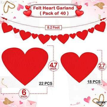 KatchOn, Red Valentines Day Garland - Pack of 40 | Felt Heart Garland for Valentines Day Decorations | Valentine Garland, Galentines Day Decorations | Red Heart Banner, Heart Decorations For Party