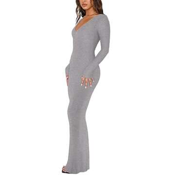 REORIA Women's Sexy Soft Lounge Ribbed Long Dress Fall Elegant Formal Wedding Guest Long Sleeve Deep...