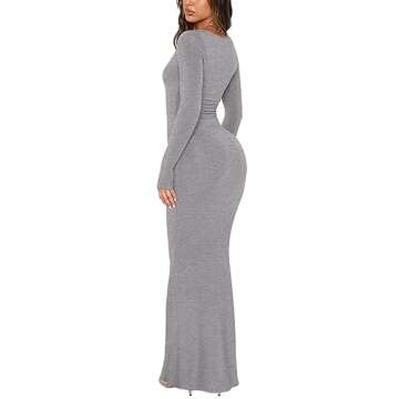 REORIA Women's Sexy Soft Lounge Ribbed Long Dress Fall Elegant Formal Wedding Guest Long Sleeve Deep V Neck Bodycon Maxi Dresses Light Grey Large