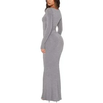 REORIA Women's Sexy Soft Lounge Ribbed Long Dress Fall Elegant Formal Wedding Guest Long Sleeve Deep V Neck Bodycon Maxi Dresses Light Grey Large