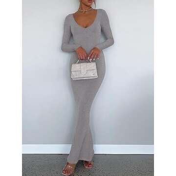 REORIA Women's Sexy Soft Lounge Ribbed Long Dress Fall Elegant Formal Wedding Guest Long Sleeve Deep V Neck Bodycon Maxi Dresses Light Grey Large