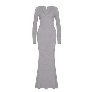 REORIA Women's Sexy Soft Lounge Ribbed Long Dress Fall Elegant Formal Wedding Guest Long Sleeve Deep V Neck Bodycon Maxi Dresses Light Grey Large