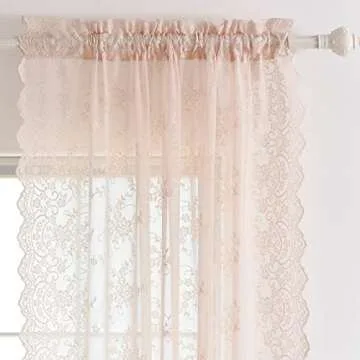 Kotile Blush Sheer Curtains 108 Inch Length 2 Panels, Embroidered Country Floral Vintage Lace Sheer Curtains for Bedroom, Rod Pocket Privacy Window Sheer Lace Curtains, Each 52 x 108 Inch, Blush Pink