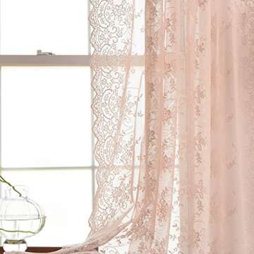 Kotile Blush Sheer Curtains 108 Inch Length 2 Panels, Embroidered Country Floral Vintage Lace Sheer Curtains for Bedroom, Rod Pocket Privacy Window Sheer Lace Curtains, Each 52 x 108 Inch, Blush Pink