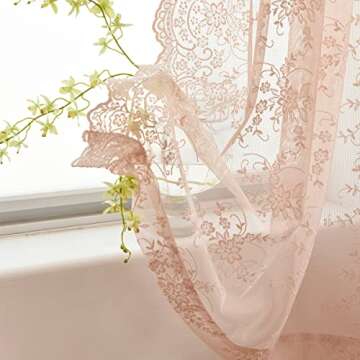 Kotile Blush Sheer Curtains 108 Inch Length 2 Panels, Embroidered Country Floral Vintage Lace Sheer Curtains for Bedroom, Rod Pocket Privacy Window Sheer Lace Curtains, Each 52 x 108 Inch, Blush Pink