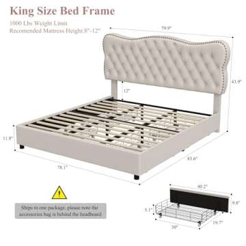 HOSTACK King Bed Frame with 4 Storage Drawers, Upholstered Platform Bed Frame with Button Tufted Headboard, Heavy Duty Mattress Foundation with Wooden Slats, No Box Spring Needed (Beige, King)